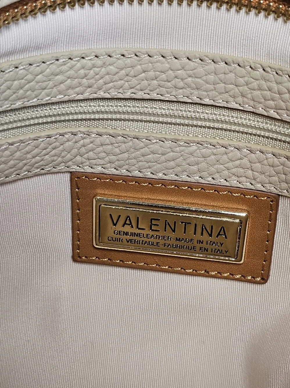 VALENTINA Italy Cream Pebbled Leather Tote Bag with Tan Straps